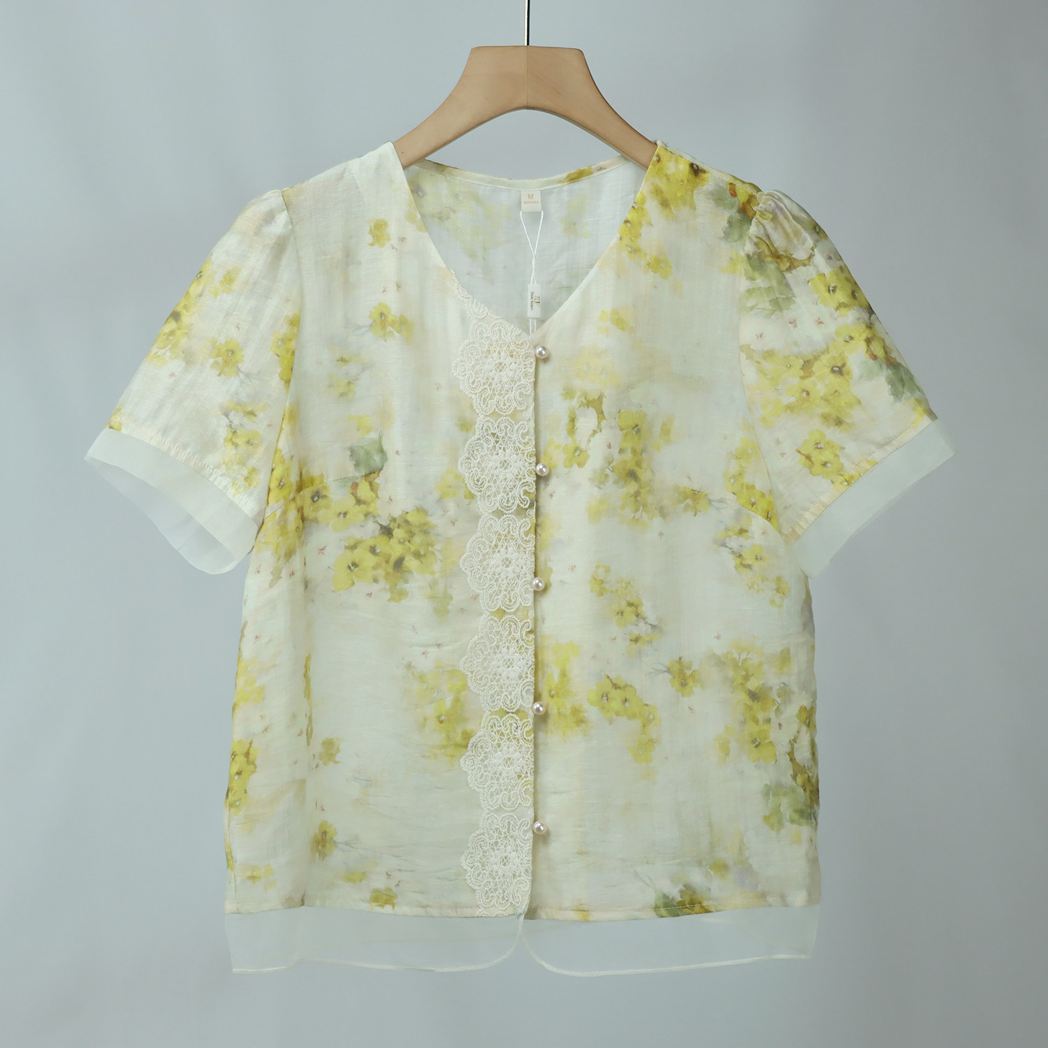 428夏季简约品质短袖衬衫印花小衫时尚雪纺减龄上衣女