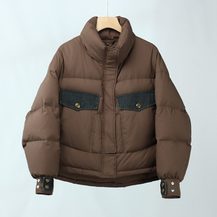 539百搭立领新款白鸭绒短款羽绒服女拼接撞色宽松设计感外套