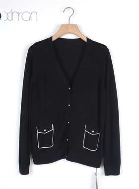 33EK193秋季新款时尚休闲长袖单排扣V领天丝针织上衣外套