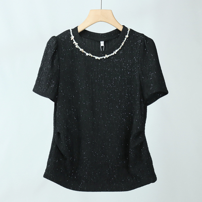 205简约夏季新款品质短袖时尚女装满天星圆领甜美弹性上衣