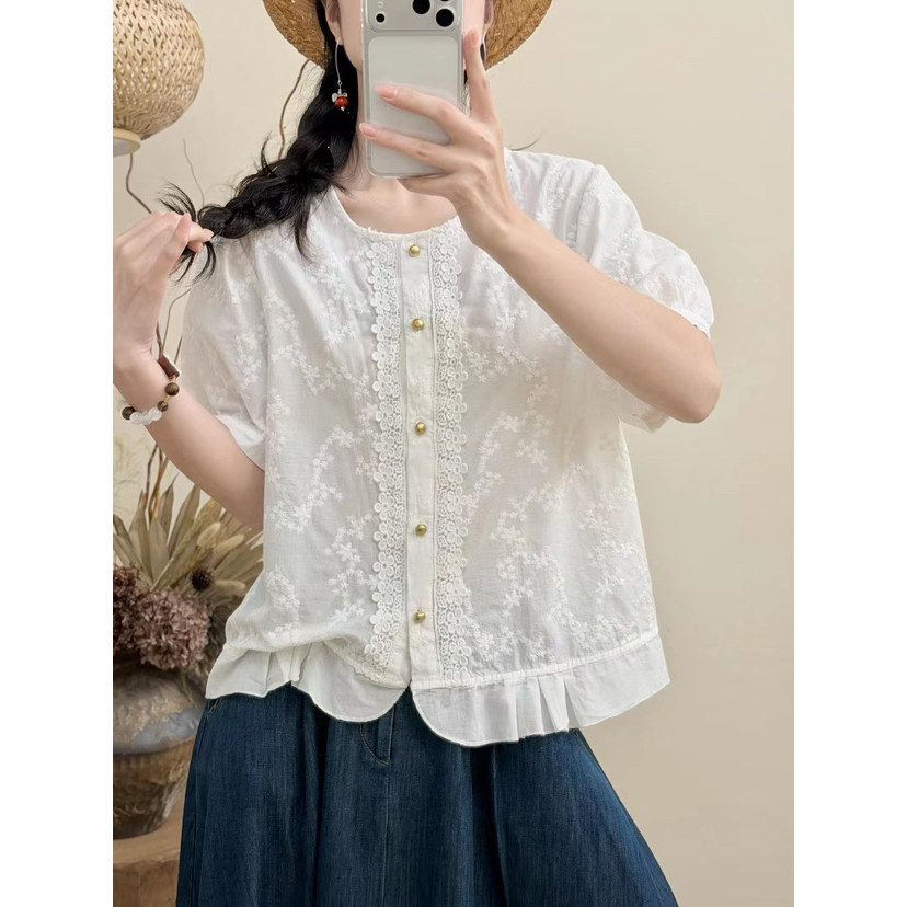 949夏衬衫短袖女蕾丝花边宽松亲肤薄款衬衣上衣甜美荷叶边衬衫
