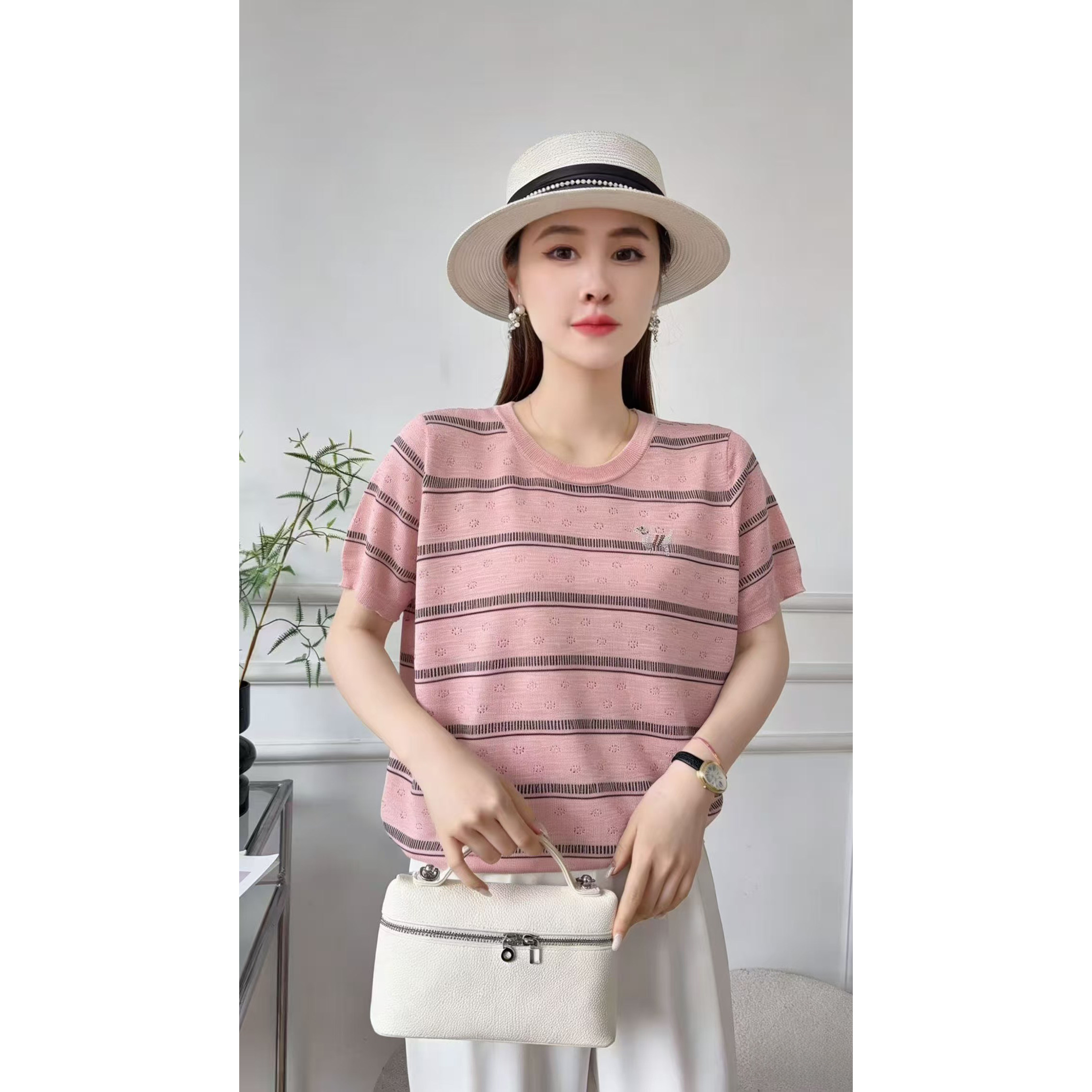 037竹节棉妈妈夏装短袖女装圆领显瘦百搭上衣夏季减龄T恤套装