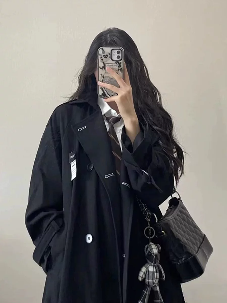 Черное trench coat, весенняя японская куртка, корейский стиль, для подростков