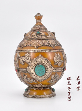 尼泊尔手工制品 鸡油黄包银吉祥罐 宝瓶 精美藏式家居摆件花瓶