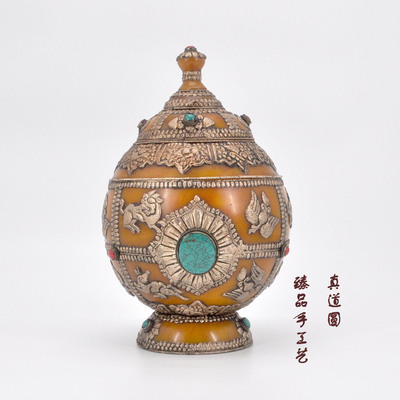 尼泊尔手工制品 鸡油黄包银吉祥罐 宝瓶 精美藏式家居摆件花瓶
