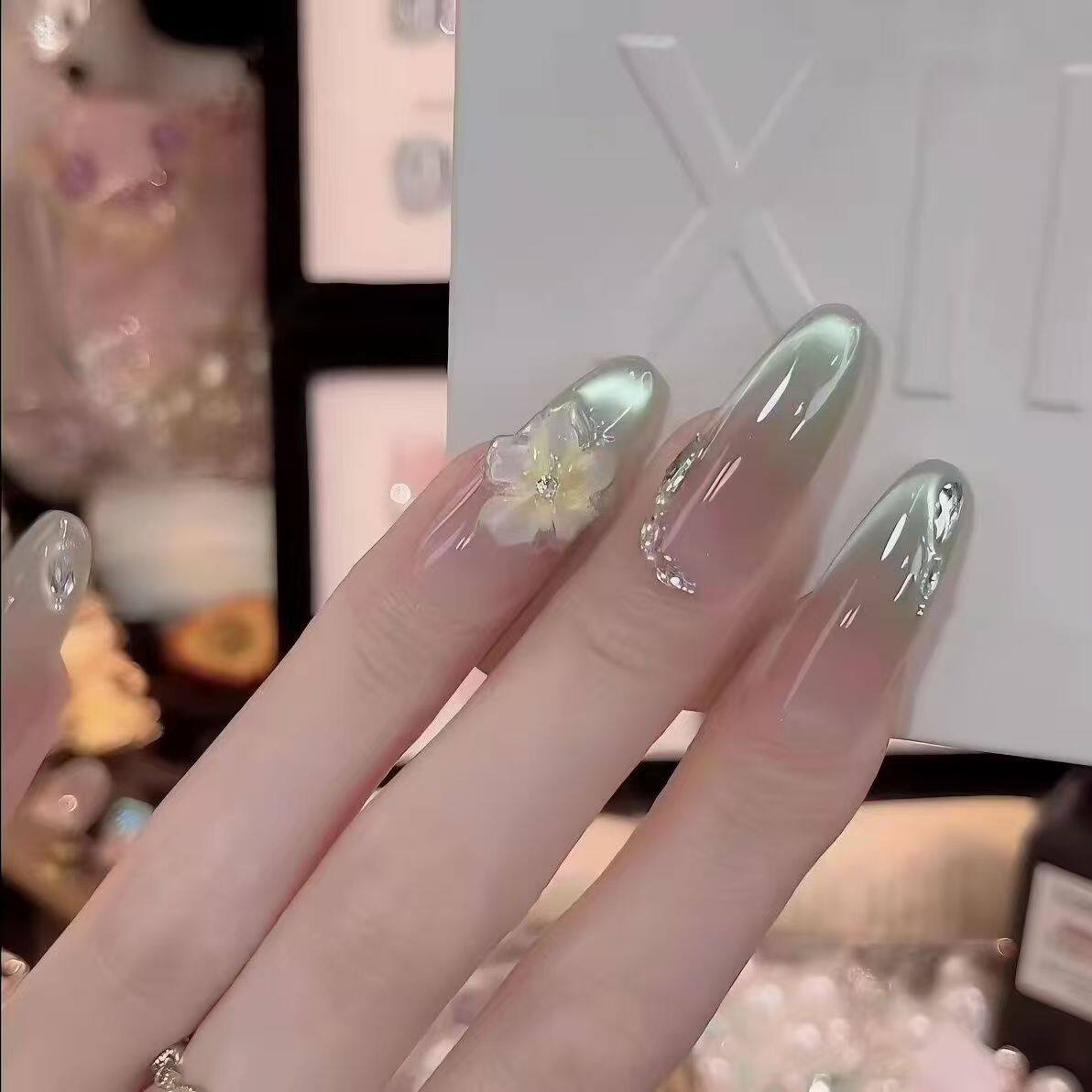 手工儿童美甲穿戴甲2026新款冰冻茉莉花中长款少女孩猫眼指甲贴片