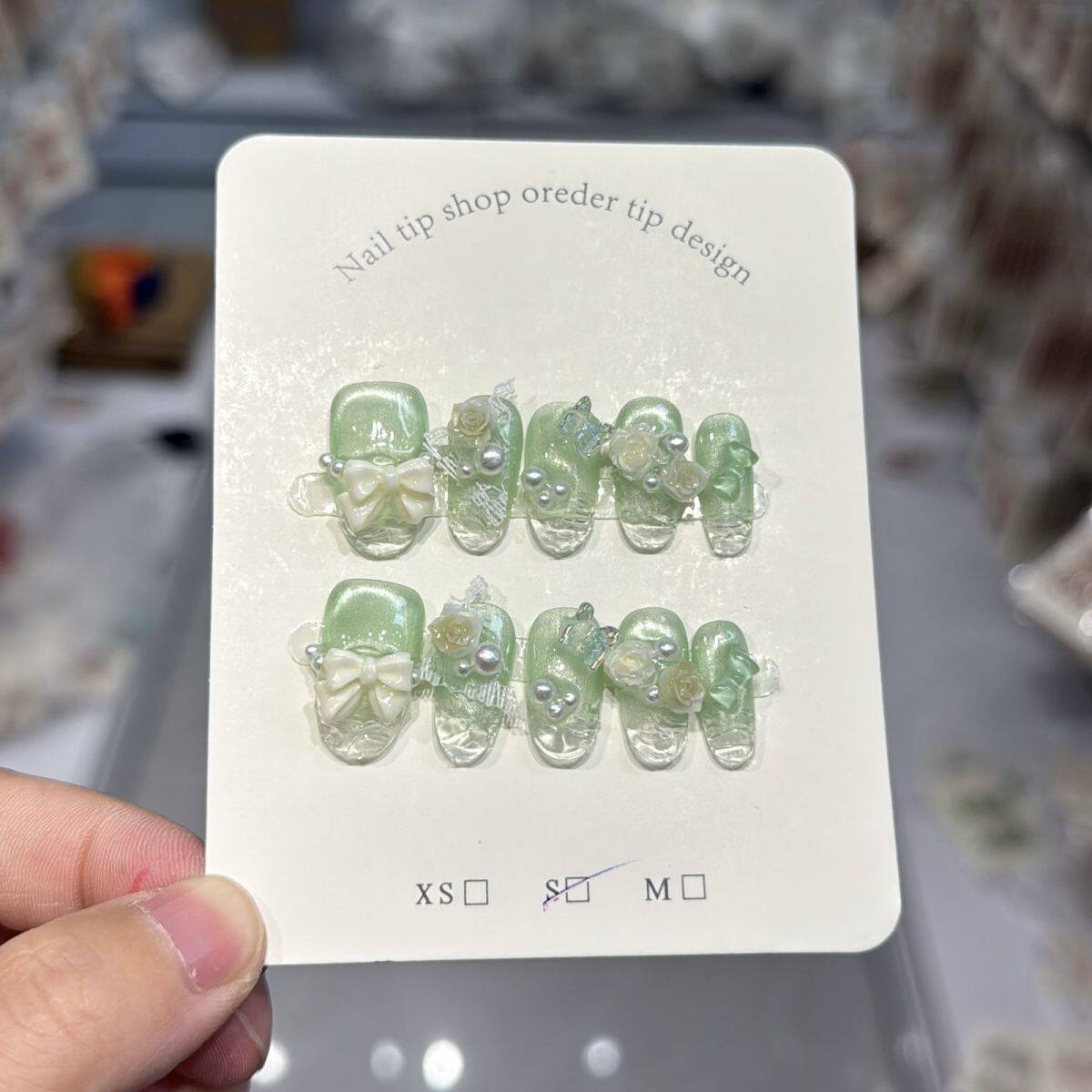 手工儿童美甲穿戴甲2026新款薄荷绿色蝴蝶中长款学生女孩指甲贴片