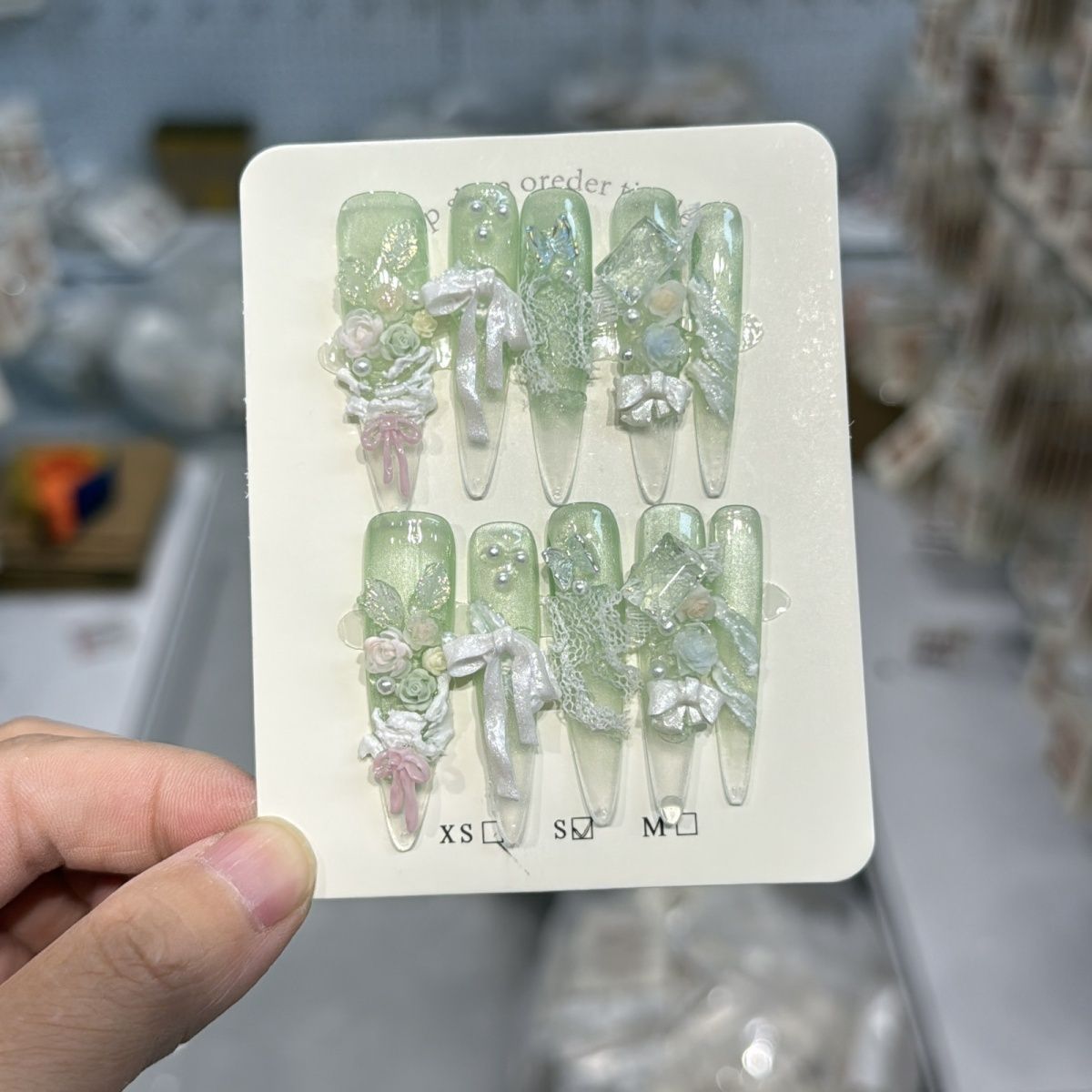 手工儿童美甲穿戴甲2026新款薄荷绿玫瑰中长款学生女孩假指甲贴片