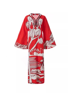 Sera轻奢果儿服饰醋酸新款长裙品质面料提花盘绳定位印花红色中东