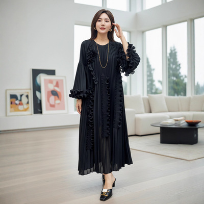 sera轻奢非洲跨境时尚大码女装褶皱连衣裙气质优雅遮肉花朵钉珠女