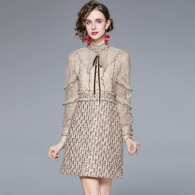 Sera轻奢重工钉珠刺绣荷叶边蕾丝袖拼接亮片粗花呢连衣裙女装2024