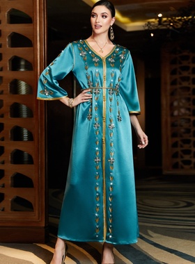 Sera轻奢订货BA3149新款湖蓝色V领开叉长袍 中东宴会礼服