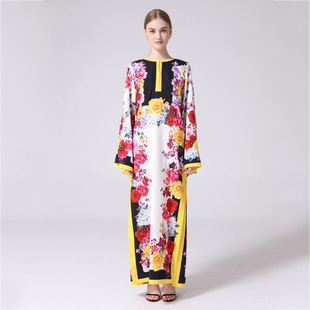 连衣裙喇叭长袖 复古印花裙袍式 宽松两侧开衩 女装 sera轻奢跨境新款