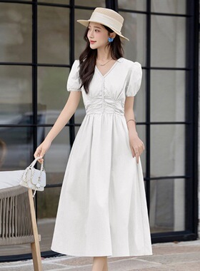 Sera轻奢2025年夏季新款法式泡泡袖麻花辫v领收腰显瘦连衣裙米
