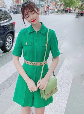 Sera轻奢22秋冬新款 法单S家小香风知性优雅翻领修身拉链短袖连体