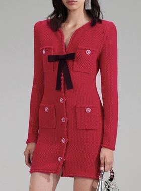 Sera轻奢法式气质通勤连衣裙2022秋冬新款时髦针织红色蝴蝶结钻扣