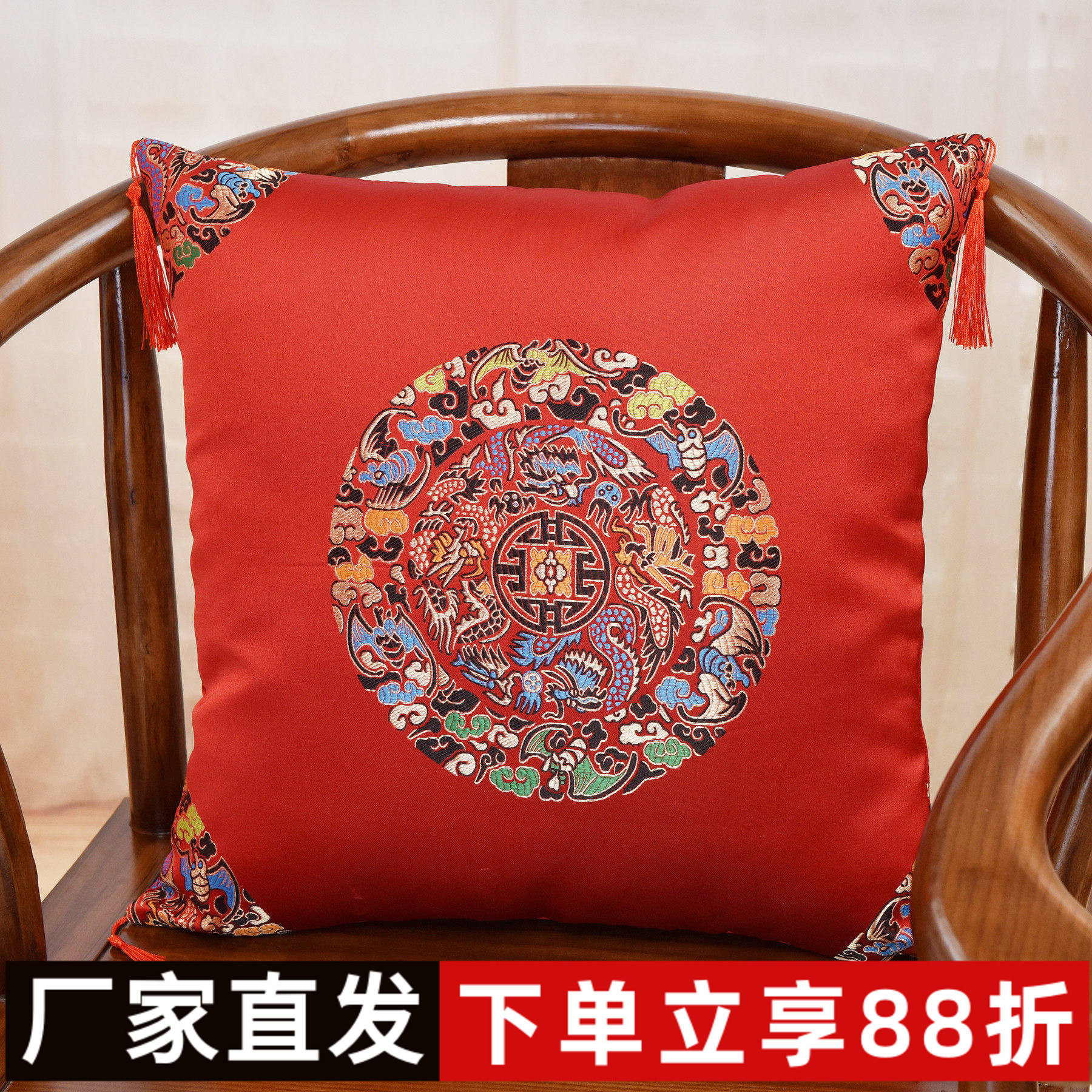 新中式抱枕红色喜庆结婚用红木沙发靠垫腰枕古典靠枕床头大号靠背