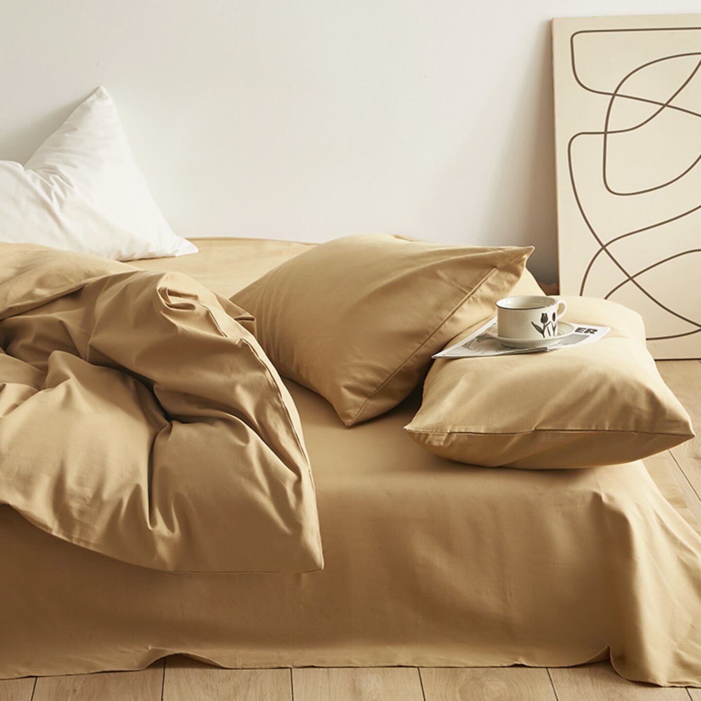 卡其纯色加厚超柔全棉磨毛四件套纯棉土黄饼干色被套床单宿舍单人