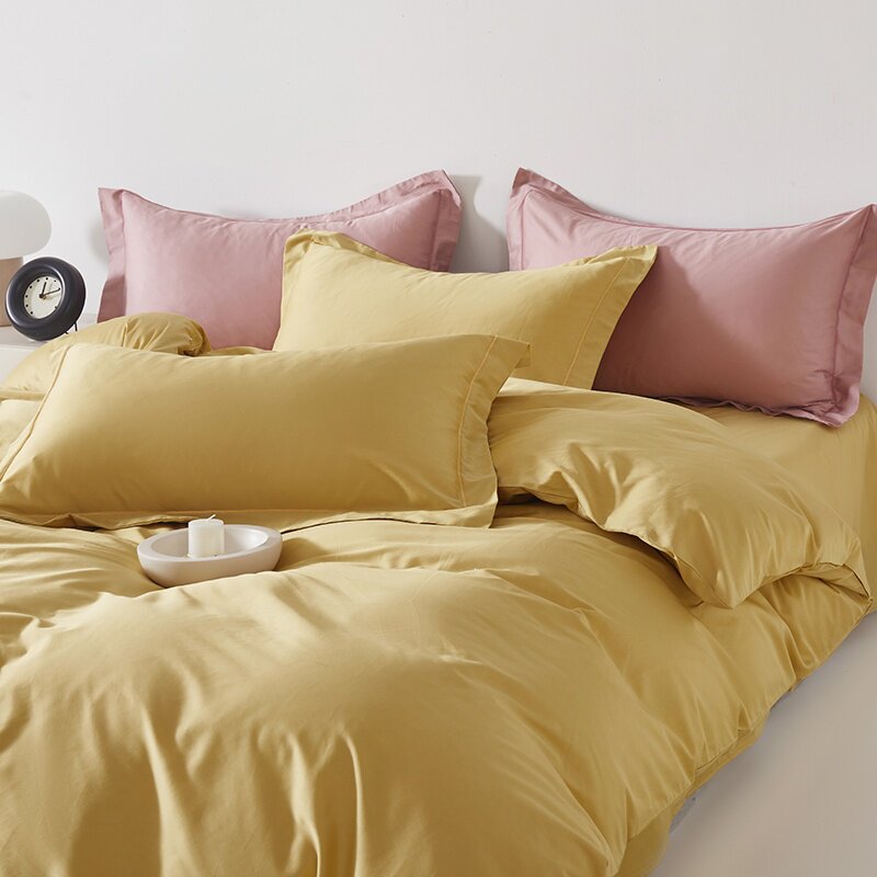 深黄纯色全棉贡缎四件套鹅黄鸡蛋黄色纯棉床单被套宿舍单人1.2米