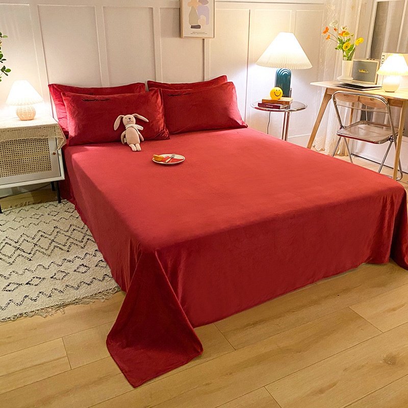 酒红色加厚水晶绒床单单件中国红深红色冬季牛奶绒法兰绒被单单人