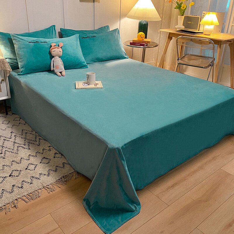 水影蓝色加厚水晶绒床单单件孔雀蓝色冬季牛奶绒法兰绒被单加绒