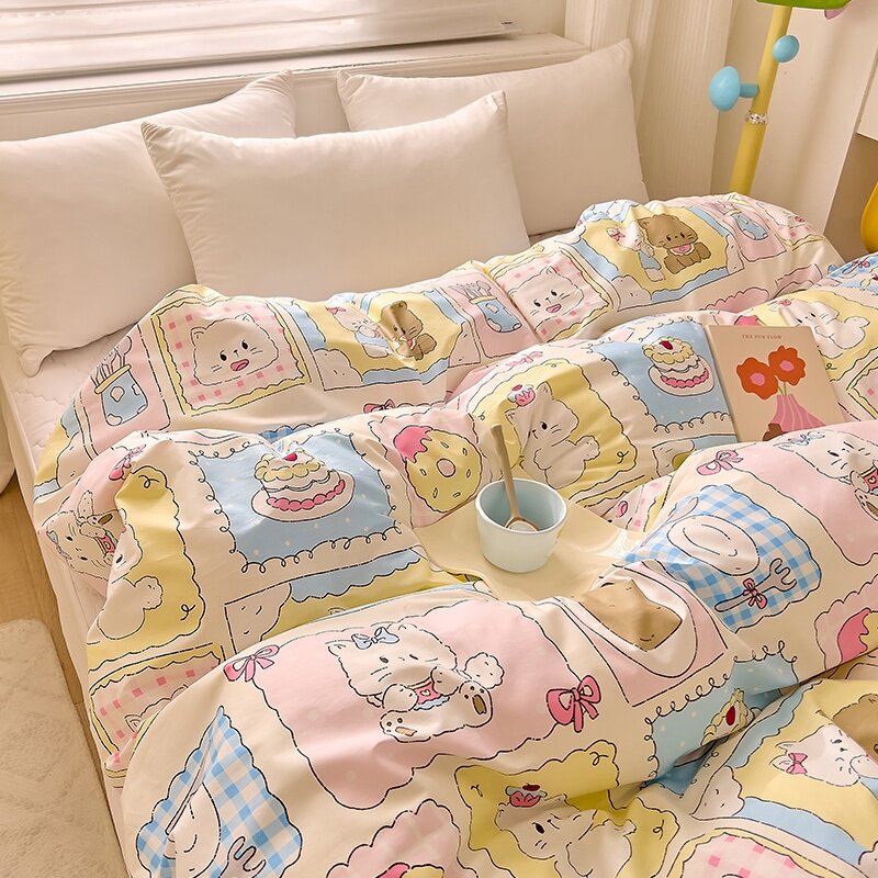 儿童卡通少女风全棉被套单件天蓝杏黄浅咖浅粉色纯棉被罩单人被袋