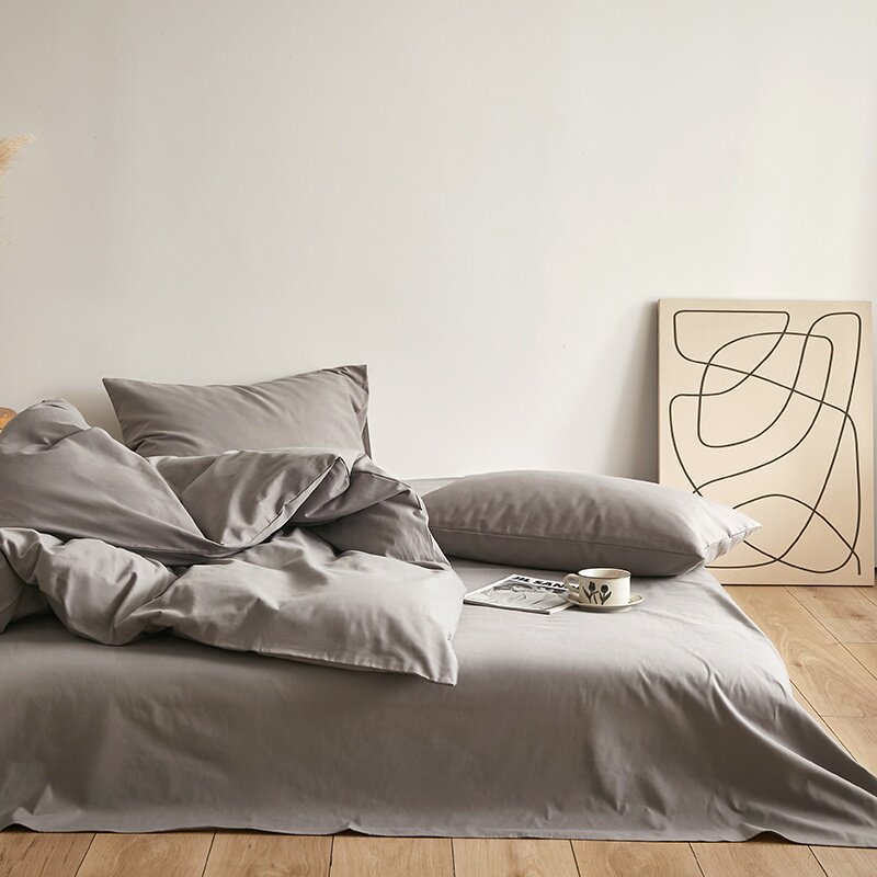 浅灰纯色加厚全棉磨毛四件套秋冬季纯棉铅笔灰色被套床单宿舍单人