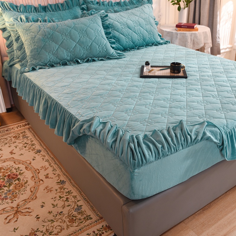 荷叶边夹棉水晶绒床笠水蓝色冬季加厚法兰绒床垫套防滑固定床套罩