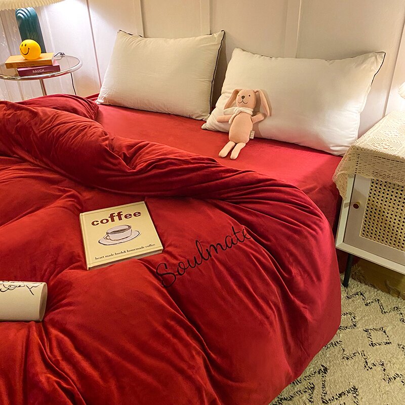 酒红色加厚水晶绒被套单件保暖加绒大红深红色牛奶绒被罩单人双人