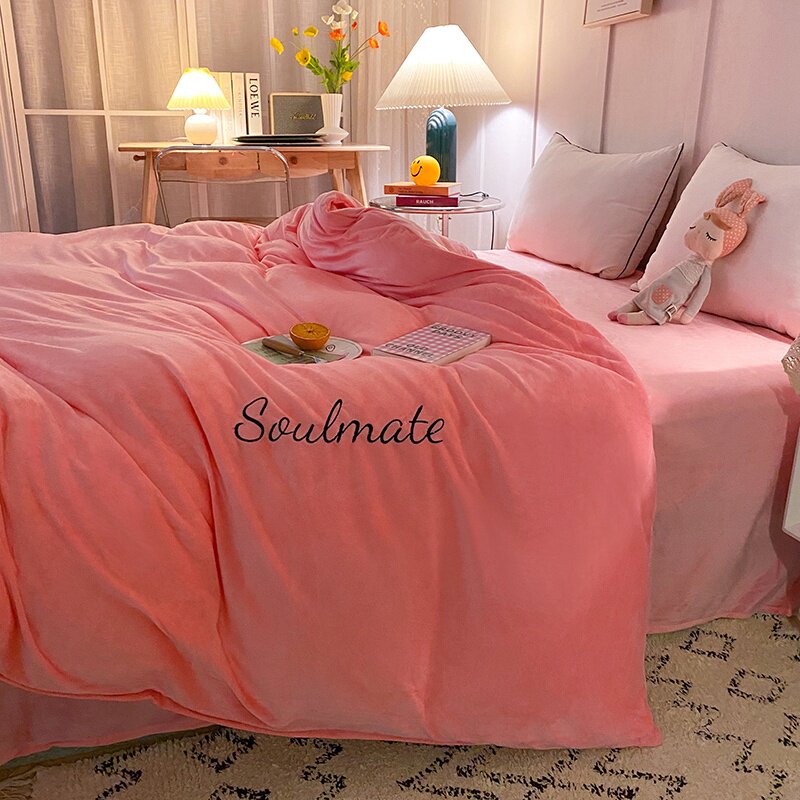 粉红色加厚水晶绒被套单件保暖加绒玉粉胭脂粉色牛奶绒被罩纯色