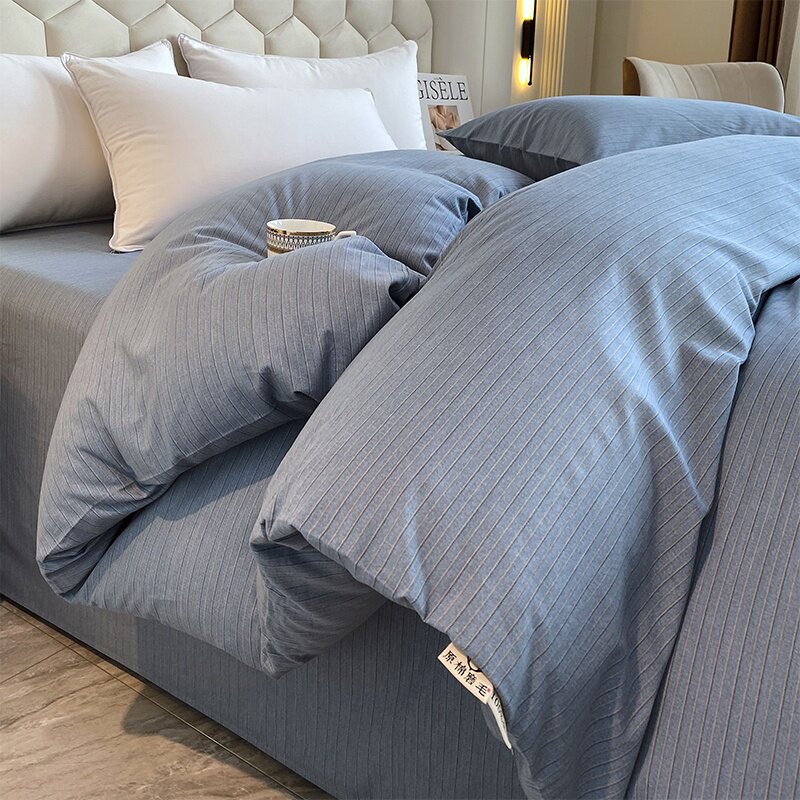 纯棉被套单件简约细条纹牛仔蓝色原棉磨毛被罩套单人150x200x230