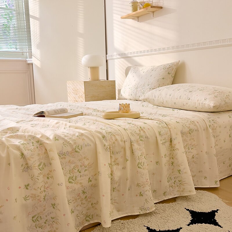 小清新田园印花全棉双层纱床单单件草绿奶油黄色柔软纯棉被单单人