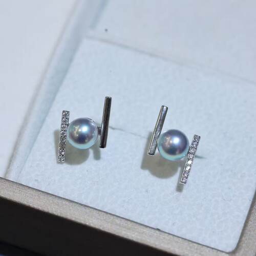 优雅海水akoya真多麻珍珠耳钉女银几何线条水钻镶嵌百搭气质耳饰