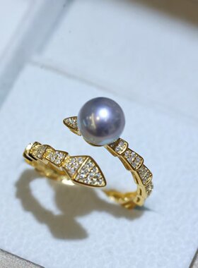 S925银Akoya真多麻戒指 7-8mm日本海水珍珠灵蛇造型轻奢高级
