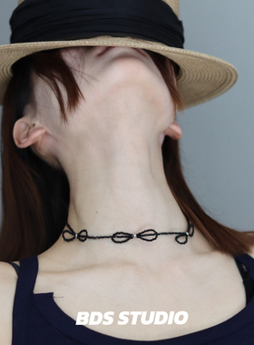 BDS STUDIO黑色水晶蝴蝶结串珠项链钢珠不掉色甜酷设计感颈链女