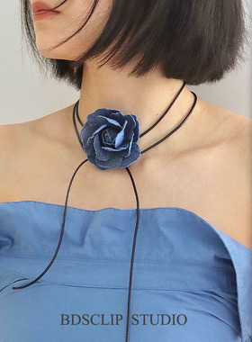 BDSCLIP牛仔蓝色立体花朵个性时尚项链复古小众甜酷chocke颈链女