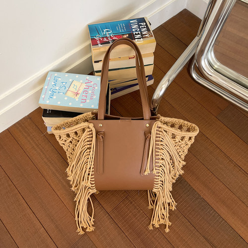 复古拼接流苏手提托特包镂空编织休闲大容量海边度假通勤单肩女包