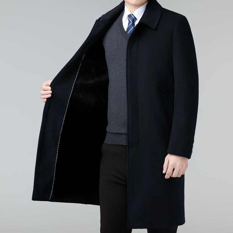 高档毛呢大衣秋冬中长款风衣中年男羊毛呢子外套加绒加厚保暖防寒