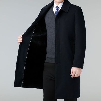 高档毛呢大衣秋冬中长款风衣中年男羊毛呢子外套加绒加厚保暖防寒