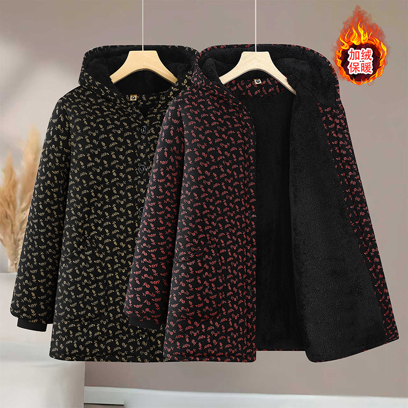 奶奶冬装加绒加厚连帽棉袄妈妈装