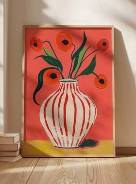 加州橙色罂粟艺术版画 |抽象花卉插画