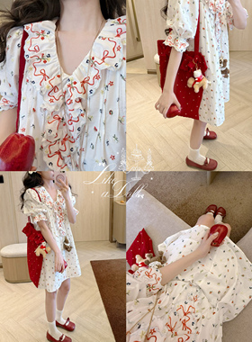 DOLL原创~迷迭花园~白色V领刺绣泡泡袖碎花裙女甜美宽松连衣裙