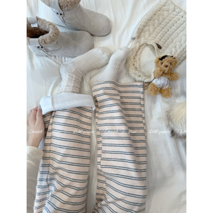 DOLL原创-绵云许愿-条纹加绒长裤女冬季宽松百搭保暖直筒阔腿裤