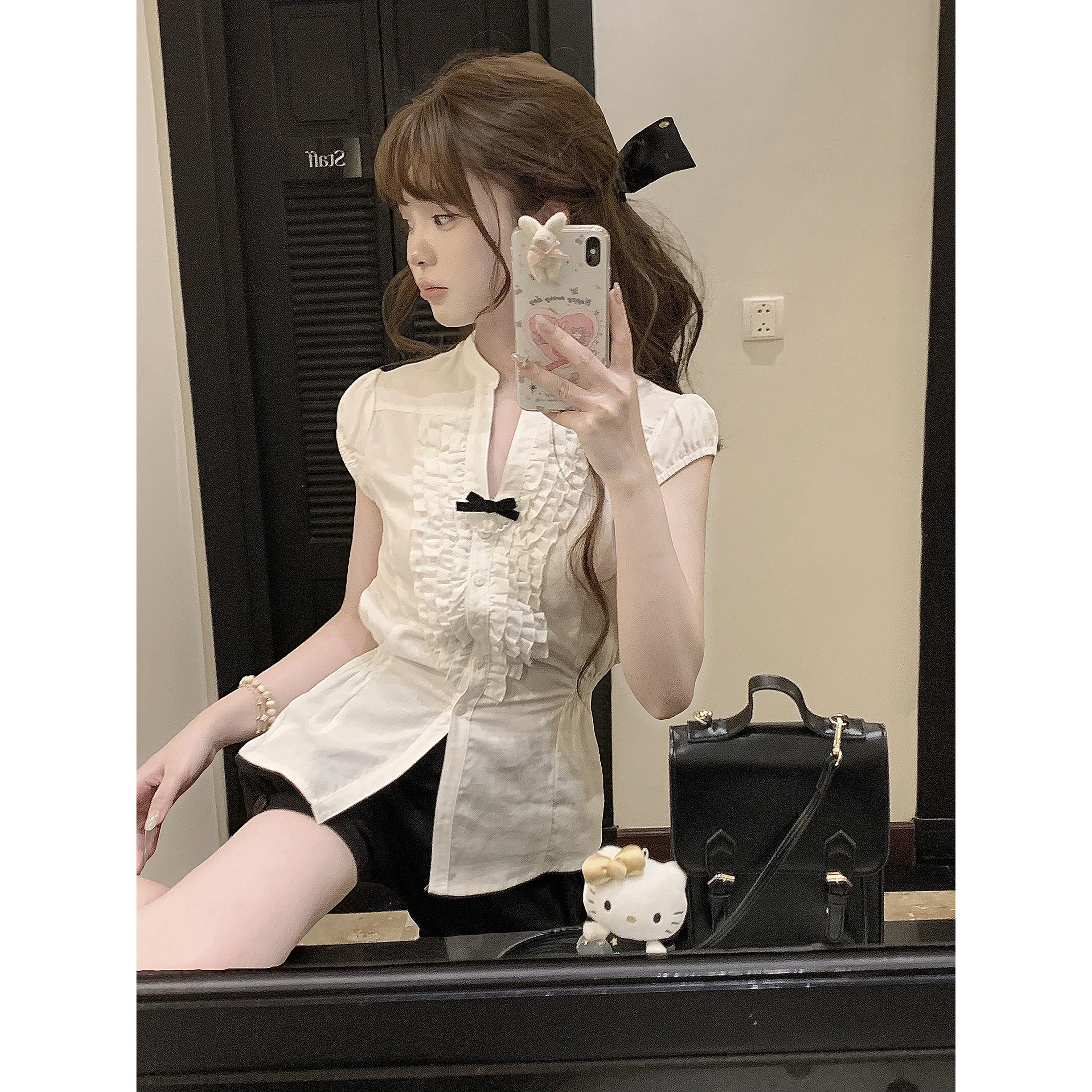 Doll原创『折角腰少女』100%莱赛尔透气凉感蝴蝶结v领短袖衬衫