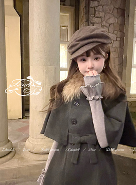 DOLL原创-恋恋日记-真貉子毛领深灰色呢大衣女冬季千金风外套