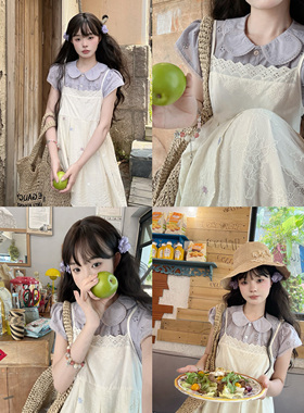 DOLL原创~森系氧气~紫色娃娃领衬衫白色印花蕾丝拼接吊带裙套装