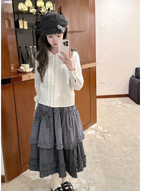 DOLL原创-少女格物志-格子灰色拼接半身长裙学院风蝴蝶结a字裙