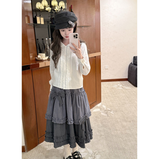DOLL原创 格子灰色拼接半身长裙学院风蝴蝶结a字裙 少女格物志