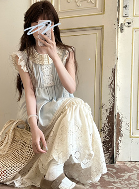 DOLL原创【夏日悠悠】蓝色小飞袖上衣女夏季新款甜美收腰圆领小衫