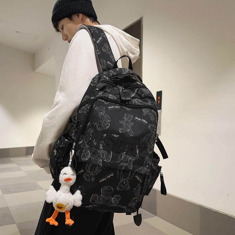 高级感印花小熊书包男初中女学生帅洋气高中大学生大容量双肩背包